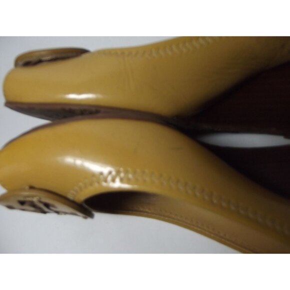 Tory Burch Sally Wedge Pumps Womens 8M Patent Leather Peeptoe Shoes Yellow Logo - Picture 7 of 16